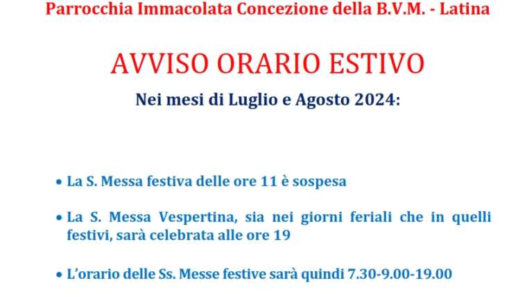 AVVISO – Orari celebrazioni Luglio – Agosto