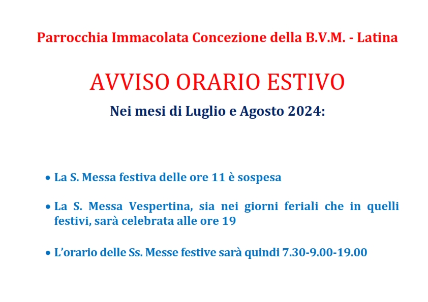 AVVISO – Orari celebrazioni Luglio – Agosto