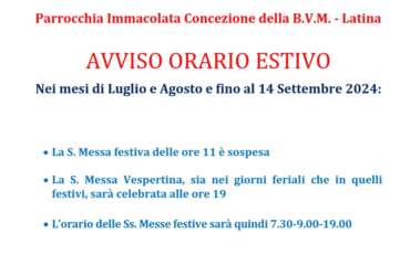 AVVISO – Orario estivo celebrazioni