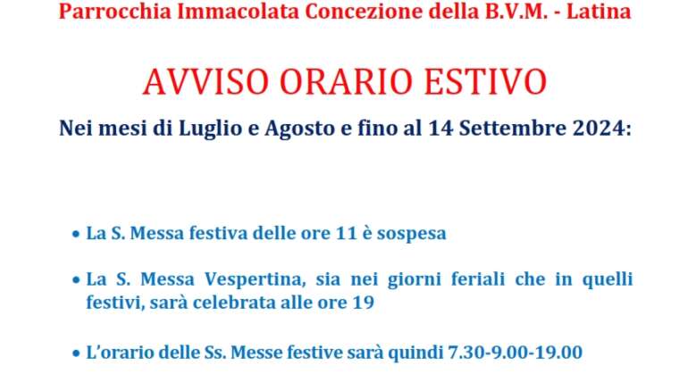 AVVISO – Orario estivo celebrazioni