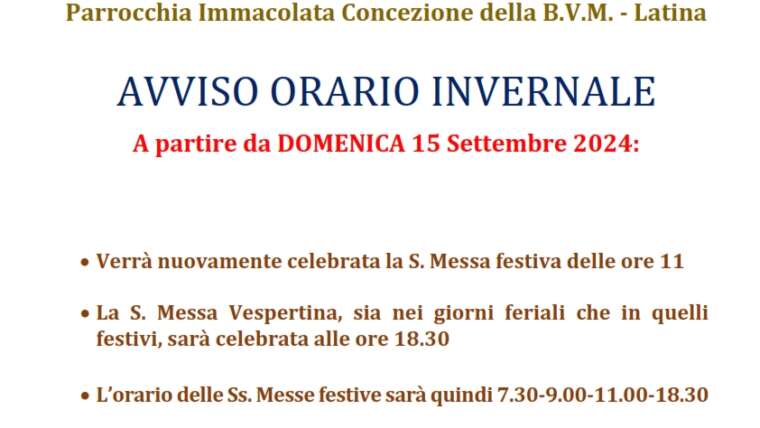 AVVISO – Orario invernale celebrazioni