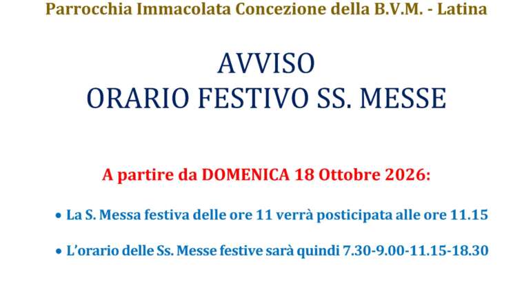 AVVISO – Orario festivo celebrazioni da ottobre 2026